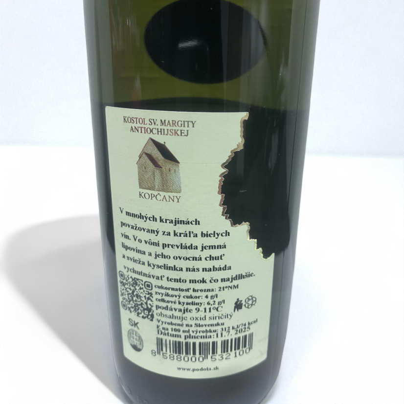 zadná etiketa vína Peter Podola Rizling rýnsky 2024 – suché biele víno, neskorý zber