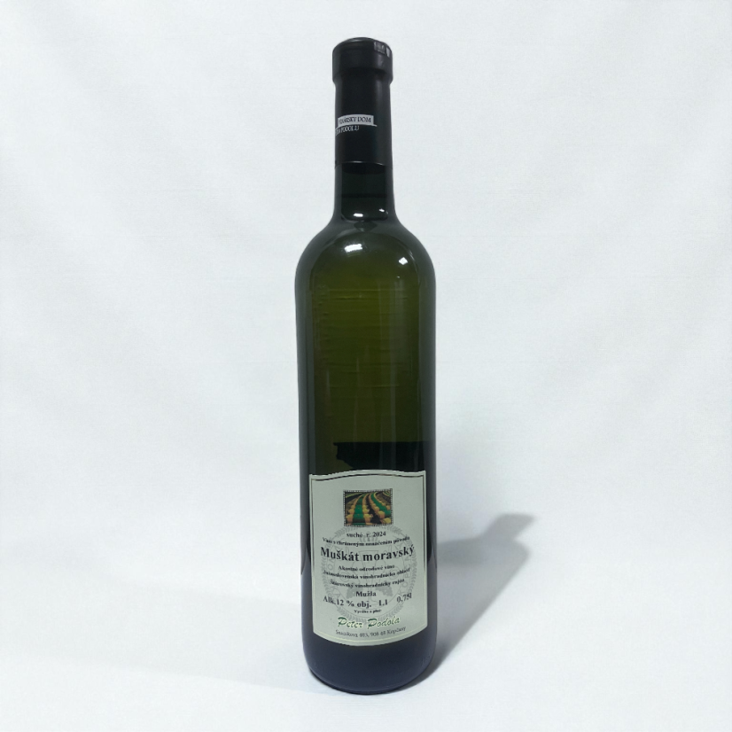 Fľaša vína Peter Podola Muškát moravský 2024 – slovenské aromatické biele víno