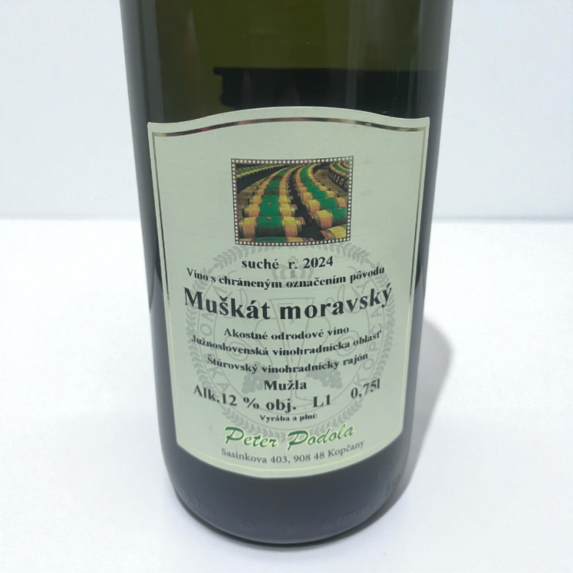 etiketa vína Peter Podola Muškát moravský 2024 – slovenské aromatické biele víno